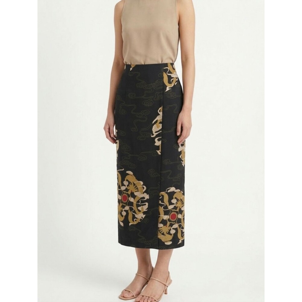 Anne Namba 100% Silk Faux Wrap Maxi Skirt Asian Inspired Golden Dragon Geisha
